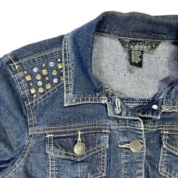 Baccini Denim Jacket Womens Size Medium Blue Dark Washed Embellished Button Up - Picture 5 of 16